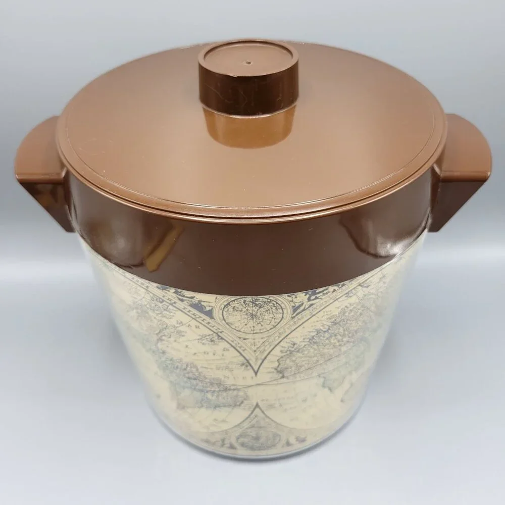 Vintage Thermo-Serv West Bend USA Brown Lid Ice Bucket With World Map Design